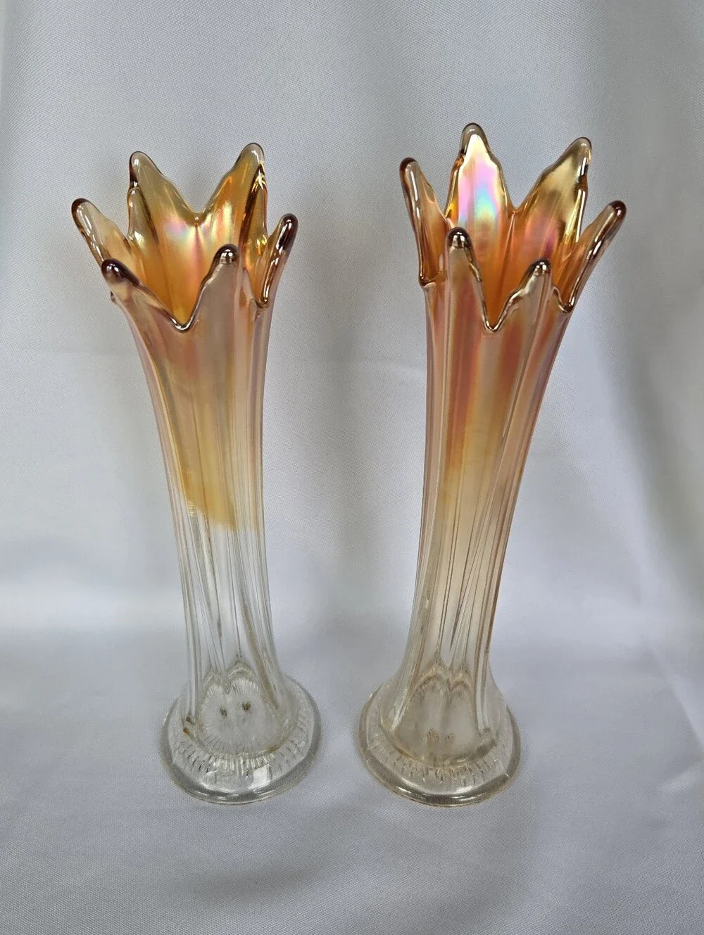 Vintage Marigold Carnival Glass Swung Vases Pair Star Crimp Rib